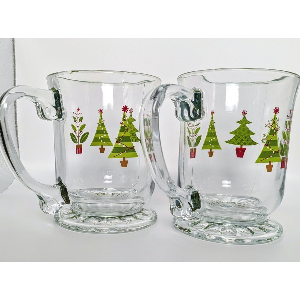 Pair of Vintage Libbey Glass Footed Christmas Tree Mugs - Picture 5 of 5